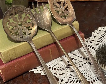 Antique Silver Plate Flatware Your Choice of Slotted Serving Spoon, Serving Fork or Cake Pie Server | Tarnished Silverware
