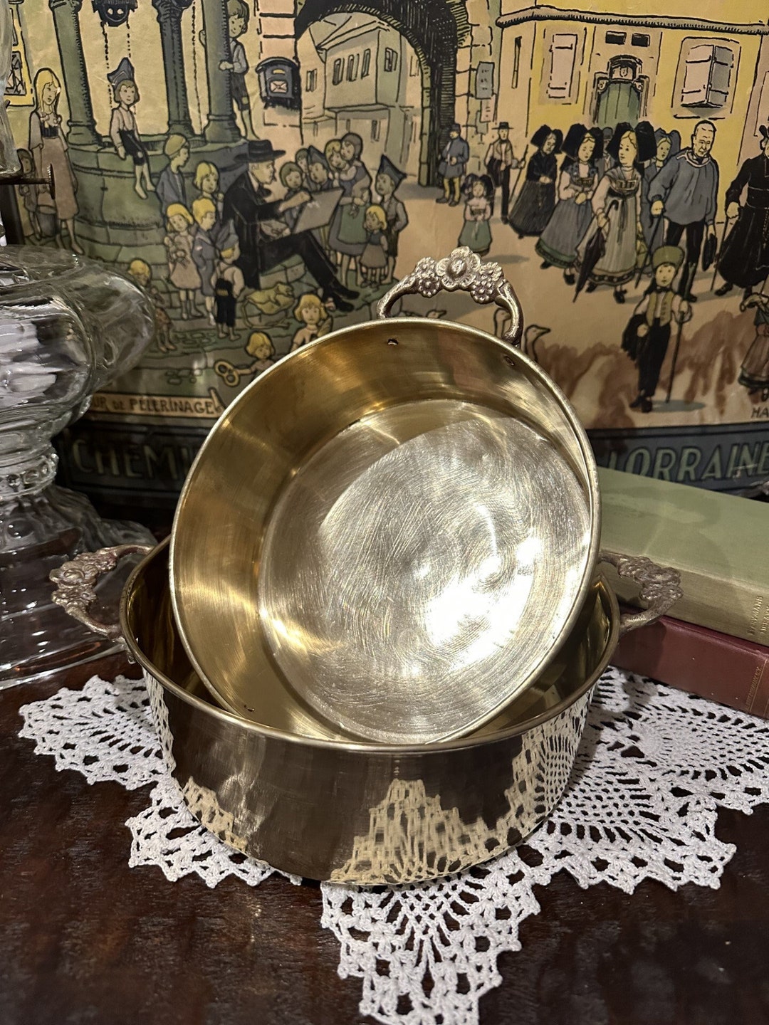 Set of 2 Vintage Brass Bowls With Floral Handles Serving Etsy