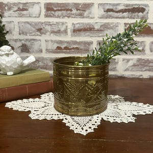Vintage Embossed Solid Brass Round Floral Planter Pot | Round Brass Bucket | Floral Design Pot | Home & Garden Brass Decor