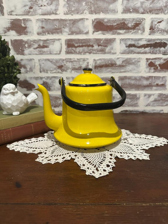 Vintage Vibrant Yellow Metal Teapot Kettle W/ Black Handle Knob - Main Image