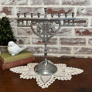 Vintage Silver Plate 9-Branch Menorah Hanukkah Candleholder w/ Lions, Torah & Star of David | Jewish Hebrew | Judaica Collectibles