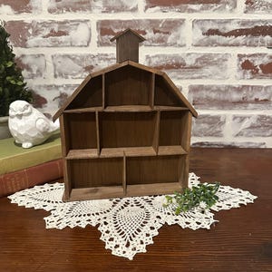 Vintage 8-Sectional Barn House Shaped Wood Curio Cubby Display Cabinet Case | Knick Knack Display | Miniature Trinket Case | Shadow Box