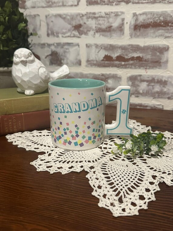 Vintage Russ Berrie #1 Grandma Coffee Tea Mug w/ Pastel Color Confetti  Design | Perfect Gift For Mothers Day Grandmother | Unique Gift