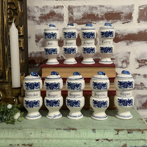 Set of 9 Vintage Hand Painted Arnart Blue Onion Spice Jars w/ Stopper | Made in Japan | Kitchen Spice Jars | Apothecary Jars | Vintage Decor