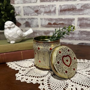 Vintage Daher Metal Tin Can w/ Red Hearts & Gold Trim | Made in England | Valentines Day Decor | Collectible Tin Can | Home Kitchen Decor