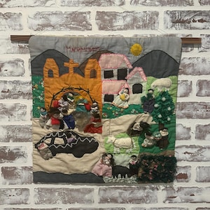 Vintage Handmade Peruvian Matrimonio Arpillera Folk Art Wall Hung Tapestry | Handmade Marriage Wedding Patchwork Textile | Made in Lima Peru