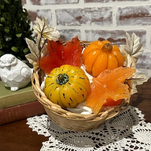 Vintage Basket of Autumn Theme Candles Pumpkin & Leaf | Pumpkin Shaped Candle, Fall Decor | Thanksgiving decor | Unique Gift | Autumn Decor
