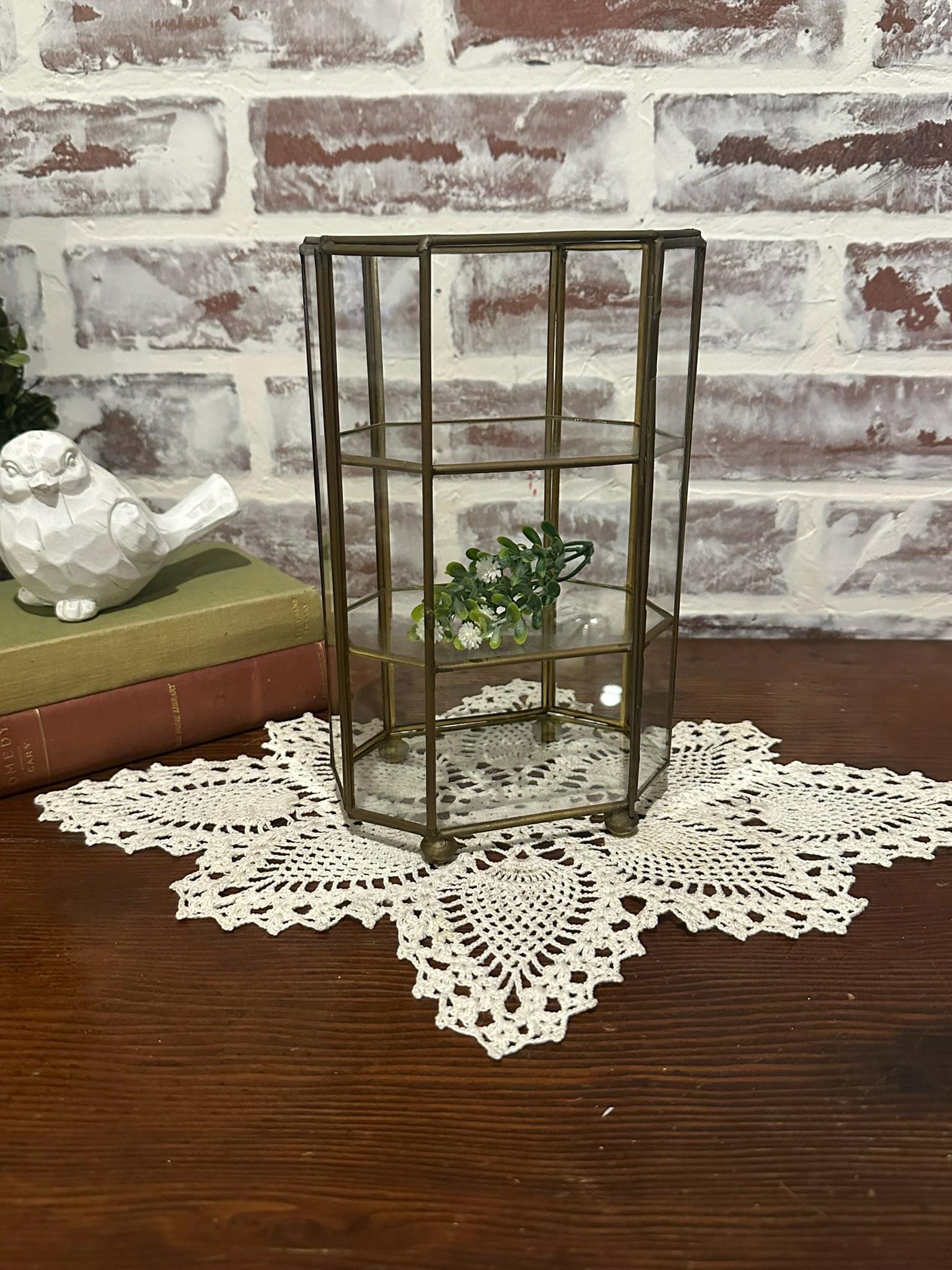 Vintage 3-Shelf Octagon Shape Glass Curio Cabinet w/ Brass Frame | Trinket Case | Tiered Glass Curio | Mini Jewelry Display Case