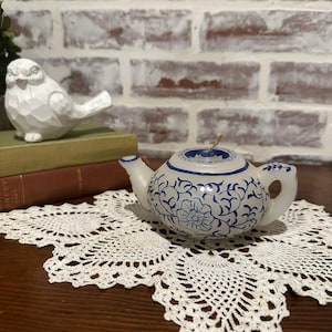 Vintage Hand Painted Delft Blue & White Tea Pot Shaped Candle | Home Decor| Mantel Fireplace Decor | Handmade