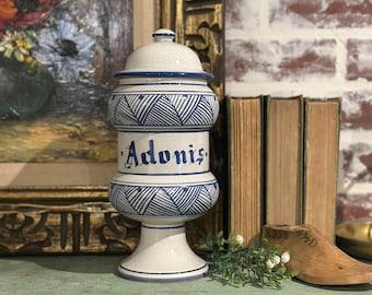 Vintage Hand Painted Blue & White Adonis Italian Apothecary Jar w/ Lid | Apothecary Canister | Spice Herb Jar | Home Decor