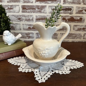 Vintage Pitcher & Bowl Washbowl Set Cream Beige Flower Vase | Grape Vine Design | Vintage Home Decor | Floral Fruit Design | Ceramic Pottery