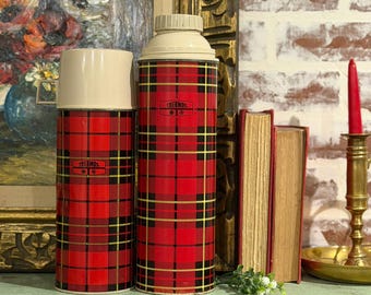 Vintage King Seeley Thermos Red Tartan Plaid Pattern Metal Vacuum Sealed Flask Your Choice | 1970s MCM Kitchen