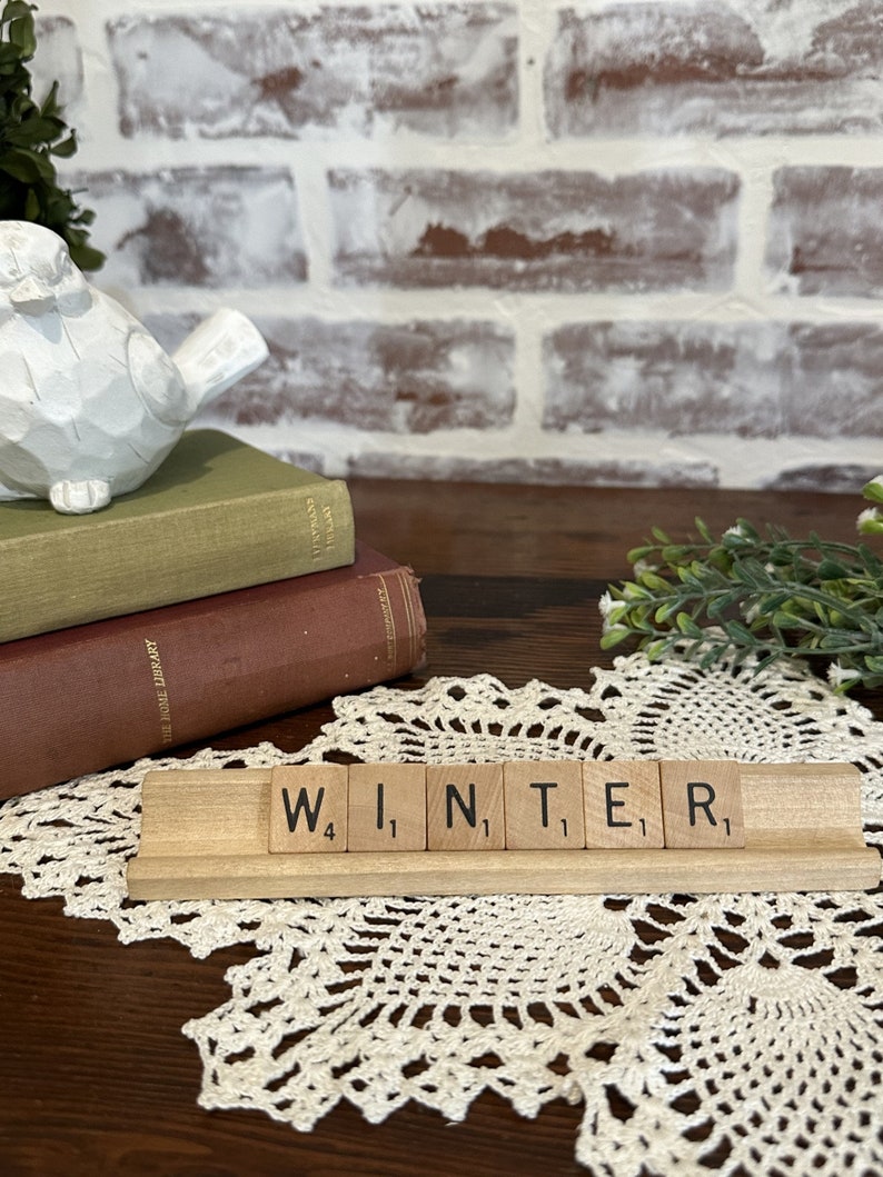 Seasonal Scrabble Letter Word Tile Decor & Holder Winter Spring Summer