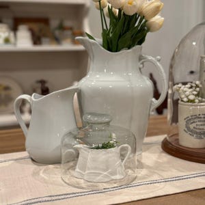 May include: A collection of white ceramic jugs and a small pitcher under a glass cloche, arranged on a striped runner. The largest jug holds cream-colored tulips. The scene evokes a vintage or farmhouse style, with a focus on decorative tableware.