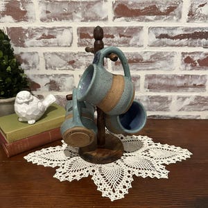 Vintage Handmade Studio Pottery Coffee Tea Mug w/ Handle and Thumb Rest Signed & Dated 1987 | Blue Green Glaze w/ Tan Stripe | Stoneware