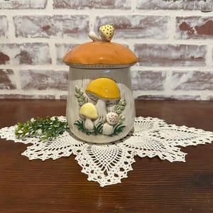 Vintage Hand Painted 7&quot; Mushroom Ceramic Canister w/ Lid | 1970s MCM Mid Century Modern Fungi Cookie Jar | Kitchen Organizer