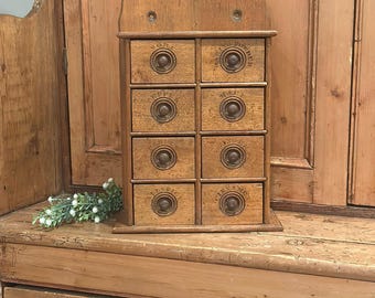 Antique 8-Drawer Oak Wood Spice Cabinet Wall Hung or Countertop | Apothecary Cabinet | Herb Storage Cabinet | Vintage Kitchen Decor