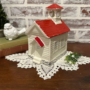 Vintage Hand Painted Large School House Shaped Ceramic Canister Jar w/ Red Roof Lid | Vintage Cookie Jar | Kitchen Decor | Church Shaped Jar