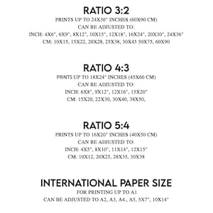 May include: A chart showing the different ratios of paper sizes, including 3:2, 4:3, and 5:4. The chart also lists the corresponding inch and centimeter measurements for each ratio. The chart also includes information about international paper sizes, such as A1, A2, A3, A4, A5, 5x7, and 10x14.