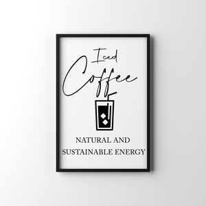 May include: Black and white printable wall art with the text "Iced Coffee" and a drawing of a glass of iced coffee with a straw. The text below the drawing says "Natural and Sustainable Energy".