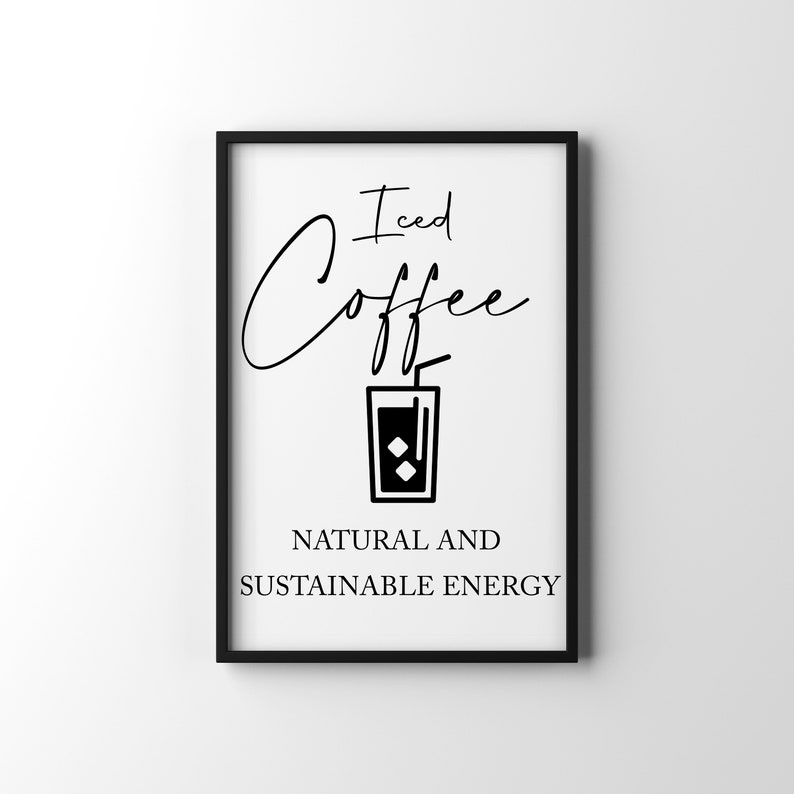 May include: Black and white printable wall art with the text "Iced Coffee" and a drawing of a glass of iced coffee with a straw. The text below the drawing says "Natural and Sustainable Energy".