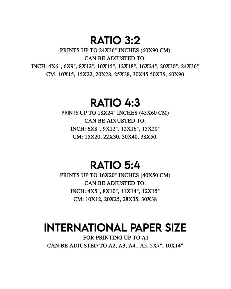 May include: A chart showing the different ratios of paper sizes, including 3:2, 4:3, and 5:4. The chart also lists the corresponding inch and centimeter measurements for each ratio. The chart also includes information about international paper sizes, such as A1, A2, A3, A4, A5, 5x7, and 10x14.
