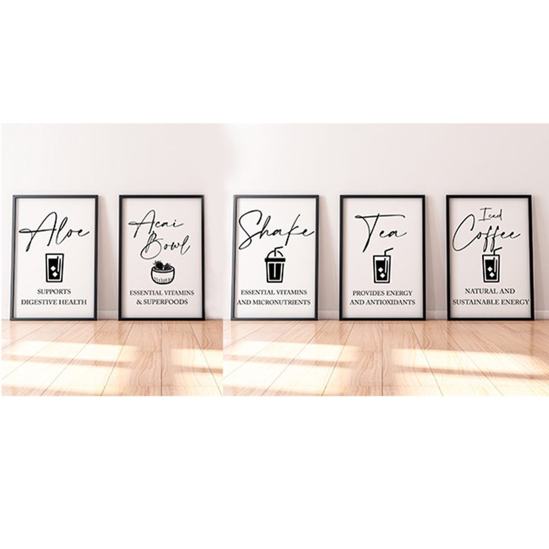 May include: Five black and white framed prints with illustrations of drinks and text. The prints read "Aloe", "Acai Bowl", "Shake", "Tea", and "Iced Coffee".
