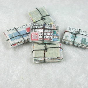 Old paper stacks, newspaper stacks, dollhouse miniatures, old newspapers stacked in miniature 1 to 12 for the doll house in shabby style