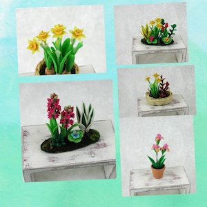 Frühlingsblumen im Korb, im Topf, für den Garten oder Fensterbank in Miniatur 1:12 für die Puppenstube