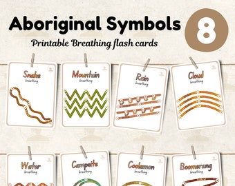 May include: Eight printable flash cards featuring Aboriginal symbols for breathing exercises. Each card has a different symbol, such as a snake, mountain, rain, cloud, water, campeite, coolamon, and boomerang, with the word "breathing" written below each symbol.