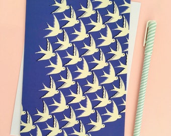 Bird's in flight Blue Greetings Card  / Blank inside / Birthday Card