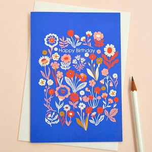 Carte joyeux anniversaire folklorique floral bleu