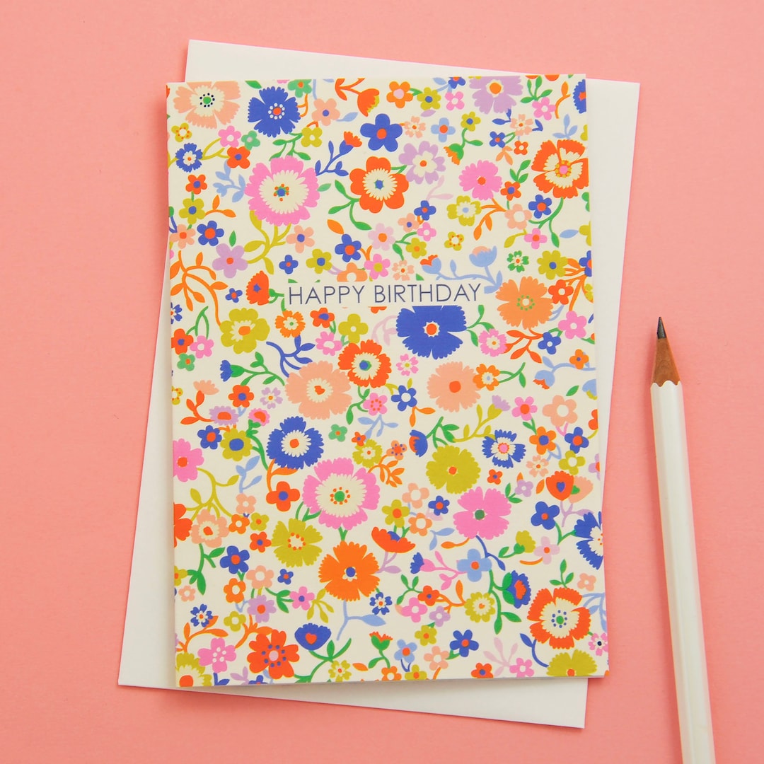 Colourful Floral Happy Birthday Greetings Card - Etsy