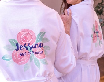 Bridal Party Robes - Personalized Bridal Robe - Bride Dressing Gown Rose Design - Flower Girl Robe - Personalised Bride Dressing Gown