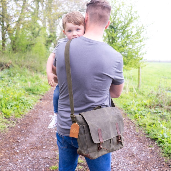 Men's Changing Bag - Men's Changing Satchel - Waxed Canvas Bag  - Monogram Waxed Canvas Bag - Monogram Satchel - Men's Work Bag - Laptop Bag