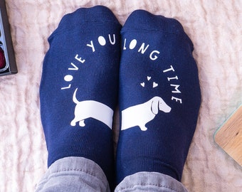 Love You Long Time- Love You Long Time Socks- Dachshund Socks- Dachshund Valentine- Sausage Dog Socks- Dachshund Lover Socks- Doxie socks