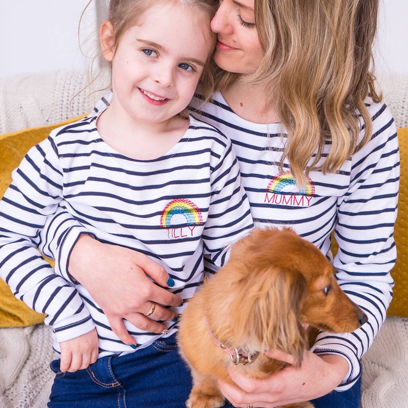 Mum and Child Matching Tops Matching Bretons Tops with Names Personalized Tops Breton Set Rainbow Print Tops Mother's Day Gifts image 2