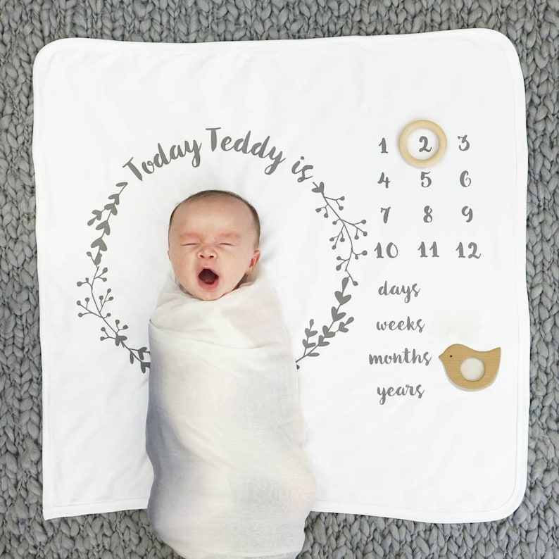 New Baby Blanket - Baby Age Blanket - New Baby Gift - Botanical Print Baby Blanket 