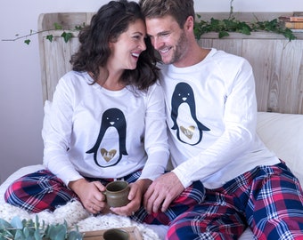 Pijama de pingüino - Pijama de pareja de pingüinos - Pijama de San Valentín - Pijama de pingüino - Pijama a juego