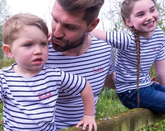 Twinning T-shirt Set  - Embroidered T-shirt Set - Name T-shirt Set - Breton Top Set - Breton Shirt Set - Breton T-shirt Set - Dad and Child