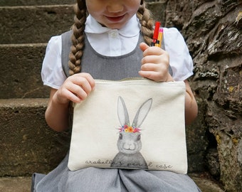 Kids Pencil Case - Children's Pencil Case - Bunny Flower Crown Pencil Case - Cotton Pencil Case  - Personalised Kids Pencil Case