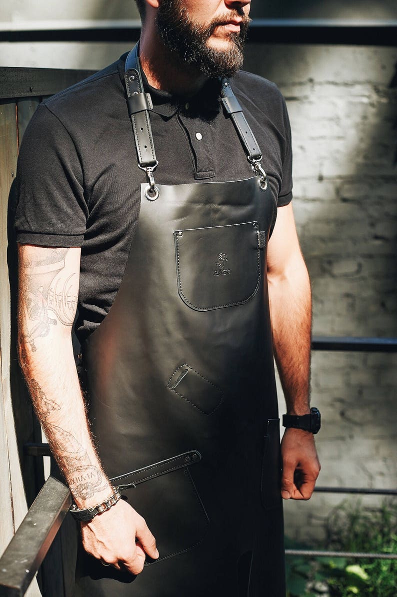 Personalized Black leather apron for men welding or barista Etsy