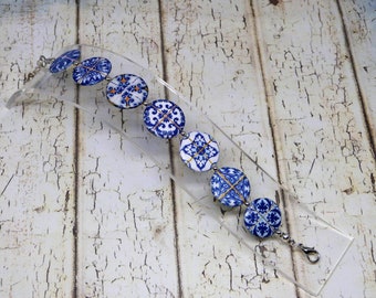blue and white bracelet Woman bracelet with clasp Women's bracelet with clasp blue and white bracelet azulejos bracelet