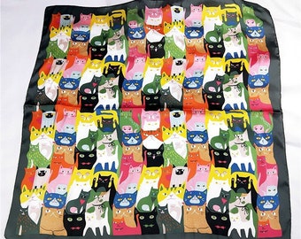 Cat print square scarf, colorful cat scarf