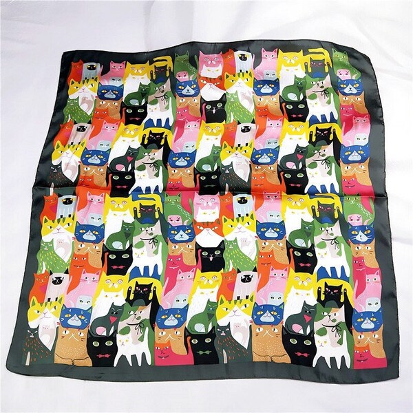 Foulard carré imprimé chat, foulard coloré chat