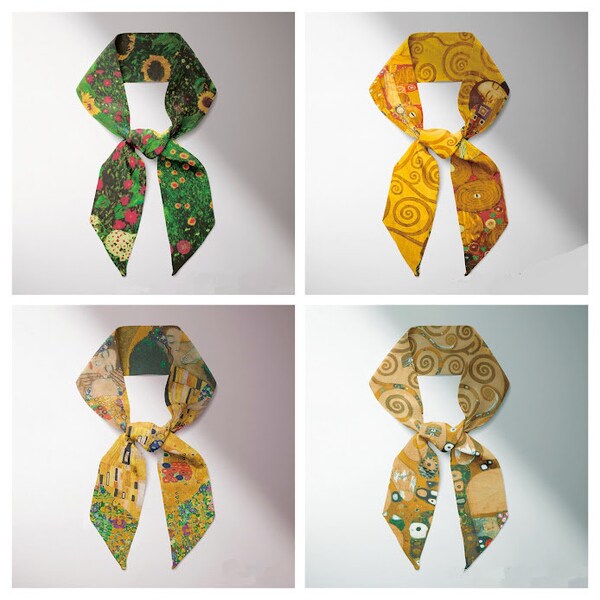 Klimt, foulard, écharpe fine, cravate, bandeau cheveux, déco de sac, bandeau foulard imprimé Le Baiser, L'Arbre de vie, Les Larmes d'or