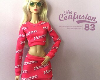 Roze kleding Geïnspireerd door Moschino, voor modepop 12 inch, Fashion Royalty FR2 en nog een pop op schaal 1/6