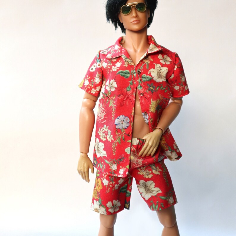 Miniature of Hawaii shirt pants Flower on Red for Fashion Royalty,Ken image 1