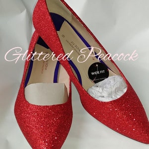 Ruby Red Kitten Heel hand glittered,prom , wedding, bridal, bridesmaid Standard and Wider Fitting U.K 3-8