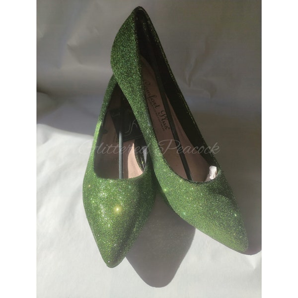 Olive Green glittered mid heel Round or pointed toe available in Standard Wider fit and extra wide fit now available.